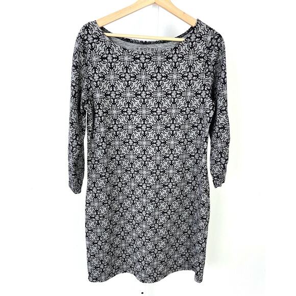 SOYBU L 3/4 Sleeve Shift Dress Floral Geometric Print Ballet Neck Stretch Gray - Picture 9 of 9